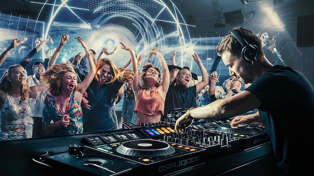 Une prise de vue rapprochée de l'équipement des DJ et des gens qui dansent dans le club