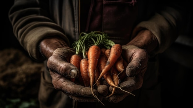 Une prise de vue rapprochée d'un fermier tenant des carottes dans les mains.