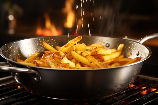 Une prise de vue rapprochée de frites dorées empilées dans un cône de papier