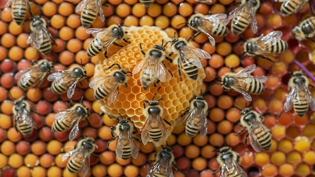 Une prise de vue rapprochée d'un groupe d'abeilles créant une abeille pleine de miel délicieux