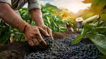 Photo une prise de vue rapprochée d'un homme hispanique cultivant des haricots noirs au mexique