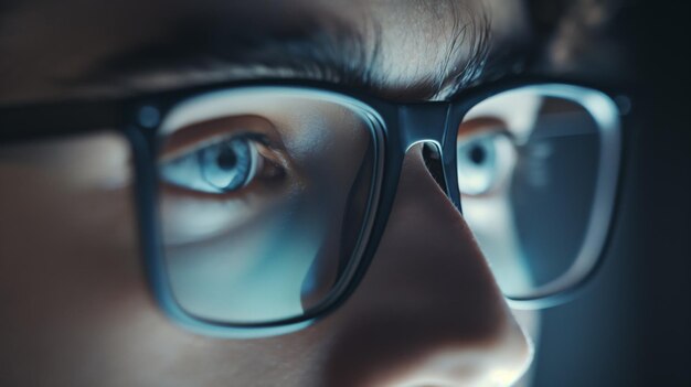 Une prise de vue rapprochée intense capturant l'expression réfléchie d'une personne en lunettes se concentrant sur ses yeux