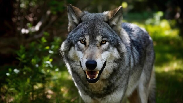 Une prise de vue rapprochée d'un loup gris avec un regard féroce et de la verdure en arrière-plan