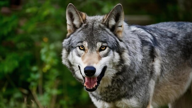 Une prise de vue rapprochée d'un loup gris avec un regard féroce et de la verdure en arrière-plan