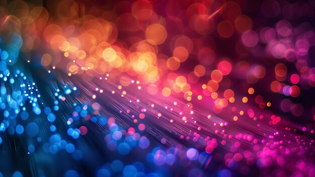 Une prise de vue rapprochée de lumières de connexion à fibre vibrante multicolore avec un grand espace génératif Ai
