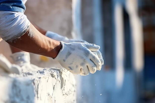 prise de vue rapprochée de la main d'un ouvrier plâtrant du ciment au mur pour la construction d'une maison