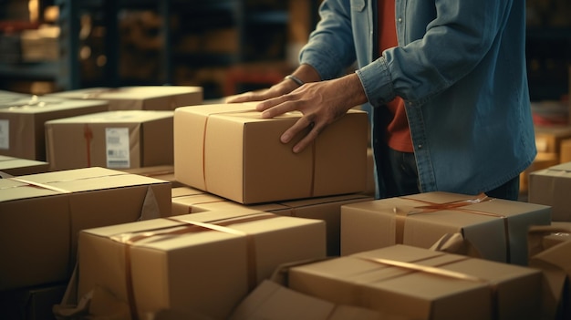 Une prise de vue rapprochée des mains d'un ouvrier d'entrepôt emballant habilement des marchandises dans des boîtes