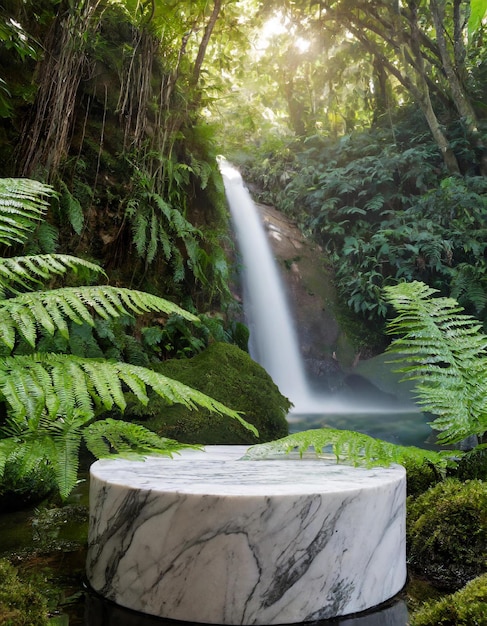 prise de vue rapprochée d'une maquette de marbre de podium dans le vert de la forêt tropicale avec des fougères et des chutes d'eau