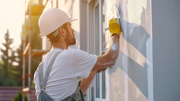 Une prise de vue rapprochée d'un ouvrier peignant le mur d'une maison de nouvelle construction à l'extérieur d'une prise de vue proche avec un grand espace pour le texte ou le produit IA générative