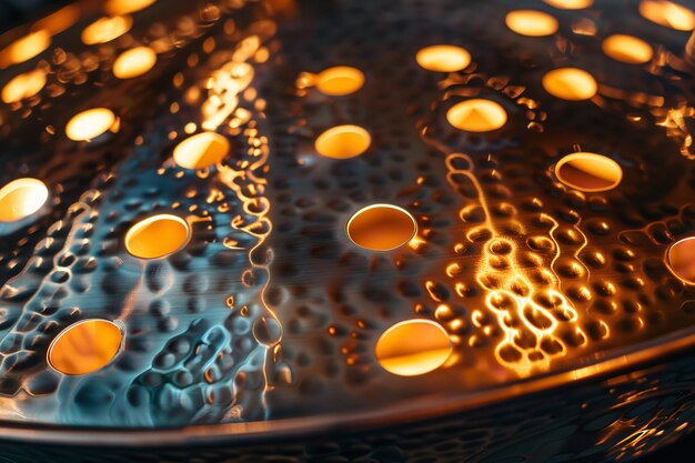 Photo une prise de vue rapprochée de la percussion handpan sur une surface propre avec un grand espace et une toile de fond de couleur dorée pour le texte ou le produit ia générative