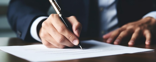 Photo une prise de vue rapprochée d'une personne signant un contrat avec un stylo à un bureau à la lumière du jour.