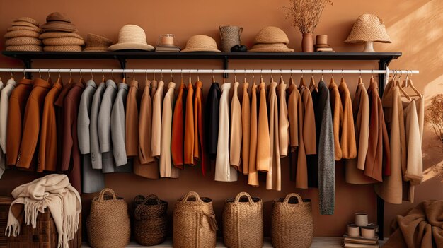 Une prise de vue rapprochée d'une rangée de manteaux et de pulls bruns clairs sur des cintres dans un magasin mettant en évidence l'attrait intemporel et classique de la mode féminine