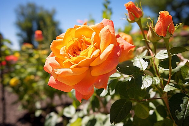 Une prise de vue rapprochée d'une rose avec une abeille en plein vol à proximité