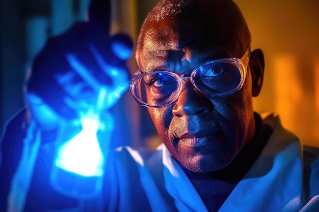Une prise de vue rapprochée d'un scientifique dans un laboratoire portant des lunettes de protection et examinant un tube à essai IA générative