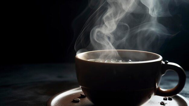 Une prise de vue rapprochée d'une tasse de café fraîchement brassée avec de la vapeur qui s'élève d'elle