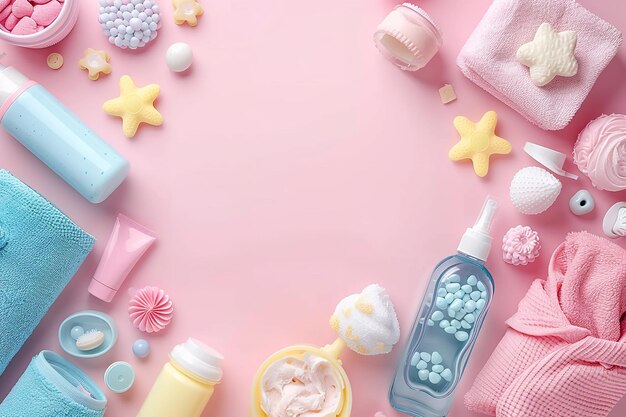 Photo une prise de vue rapprochée d'une variété de produits de soins pour bébés disposés sur un fond rose avec un grand espace pour le texte ou l'arrière-plan de la publicité du produit ia générative