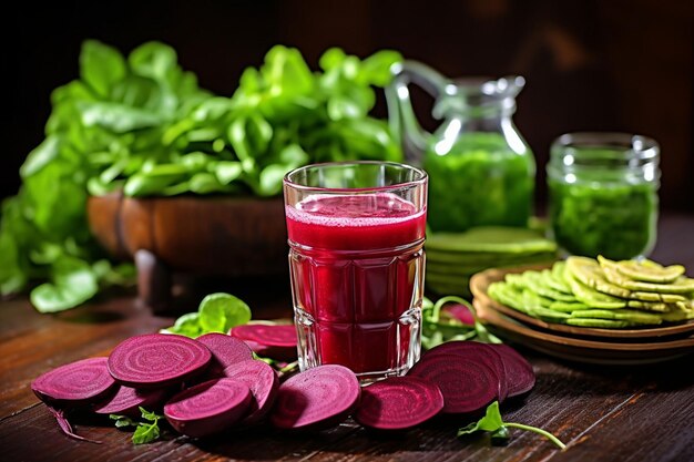 Une prise de vue rapprochée d'un verre de jus de betterave avec une paille en spirale