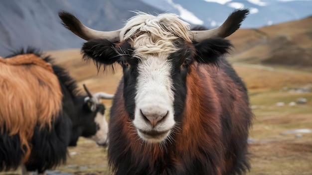 Photo une prise de vue rapprochée d'un yak domestique adulte regardant la caméra avec un autre yak