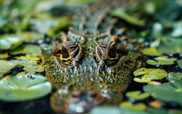 Une prise de vue rapprochée des yeux d'un crocodile qui regardent de sous un camouflage