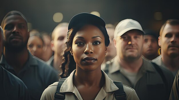 Photo prise de vue représentant le concept syndical avec un groupe diversifié de personnes se tenant unies solidarité égalité et force collective des travailleurs dans une main-d'œuvre multiculturelle