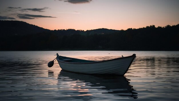 Une prise de vue sélective d'un bateau sur un lac le soir