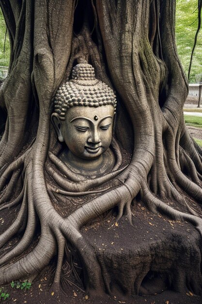 Une prise de vue sélective de Bouddha dans les racines des arbres pendant la journée