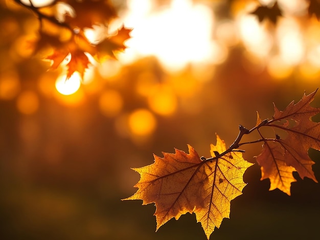 Une prise de vue sélective d'une feuille de chêne éclairée par la lumière dorée d'un coucher de soleil d'automne