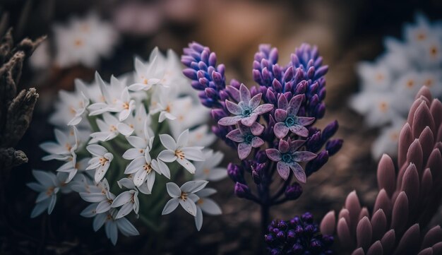 Prise de vue sélective de fleurs blanches et violettes