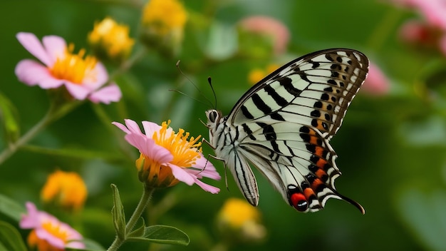 Une prise de vue sélective d'un papillon de bois tacheté sur une petite fleur