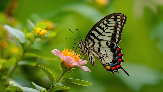 Une prise de vue sélective d'un papillon de bois tacheté sur une petite fleur