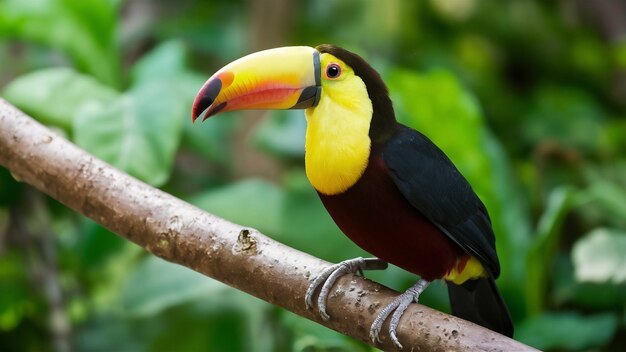 Une prise de vue sélective d'un toucan debout sur une branche d'arbre