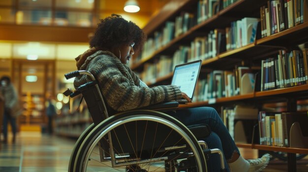 Une prise de vue sincère d'une femme BIPOC dans un fauteuil roulant utilisant un ordinateur portable dans une bibliothèque universitaire L'environnement est studieux et accessible soulignant son accent sur l'éducation et l'intelligence artificielle personnelle