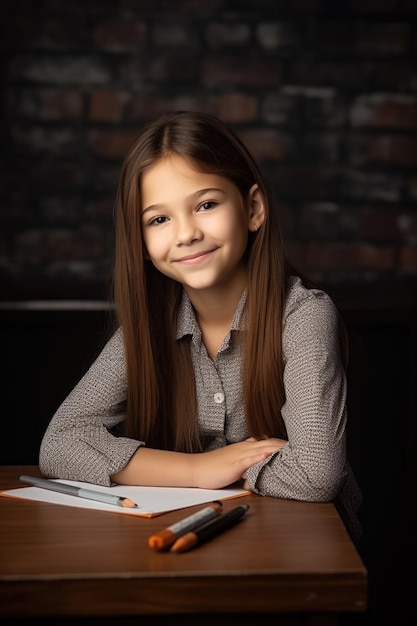 Prise de vue en studio d'une belle jeune étudiante assise sur son bureau à l'école créée avec une IA générative