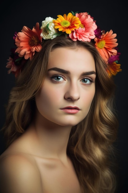 Photo prise de vue en studio d'une belle jeune femme avec des fleurs dans les cheveux