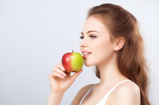 Prise de vue en studio d'une belle jeune femme mangeant une pomme créée avec une IA générative