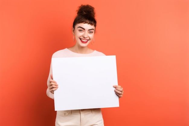 Prise de vue en studio d'une jeune femme heureuse tenant une pancarte vierge créée avec une IA générative