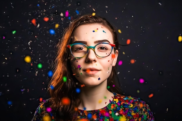 Prise de vue en studio d'une jeune fille portant des lunettes avec des banderoles flottant autour d'elle sur fond noir Concept de fête arc-en-ciel célébration lgtbi gay lesbianAI image générée