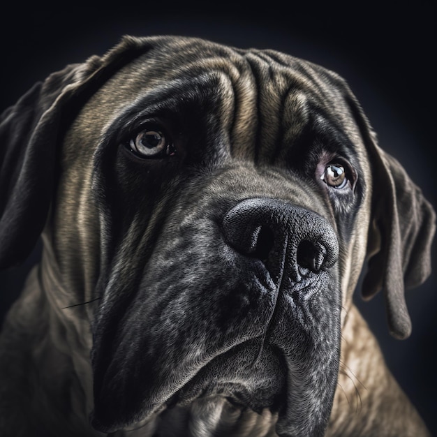 Prise de vue en studio avec un joli portrait de chien dogue anglais avec la curiosité et le regard innocent comme concept d'animal domestique heureux moderne dans de ravissants détails hyper réalistes par Generative AI