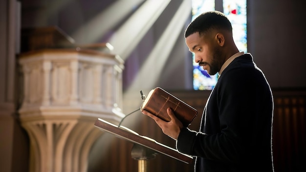 Une prise de vue superficielle d'un homme lisant la Bible alors qu'il se tient près d'un podium