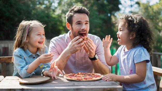 Une prise de vue superficielle d'un père caucasien mangeant de la pizza et s'amusant avec ses enfants