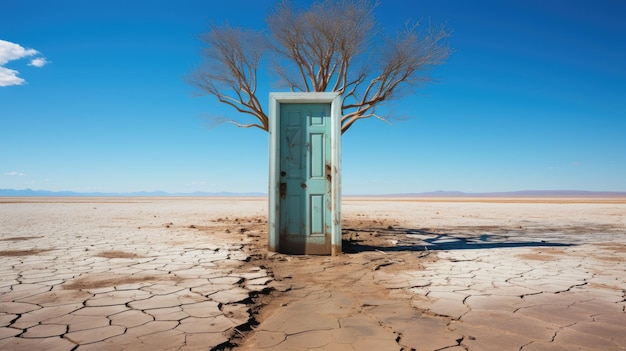 Photo prise de vue surréaliste d'une porte isolée au milieu d'un désert. ai générative