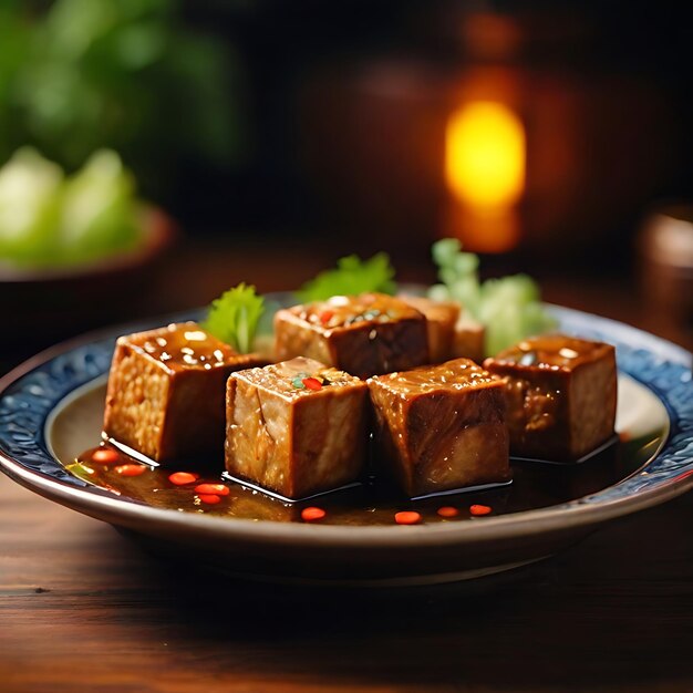 Une prise de vue très détaillée d'une parfaite assiette de tofu taïwanais puant sur la table générée par l'IA