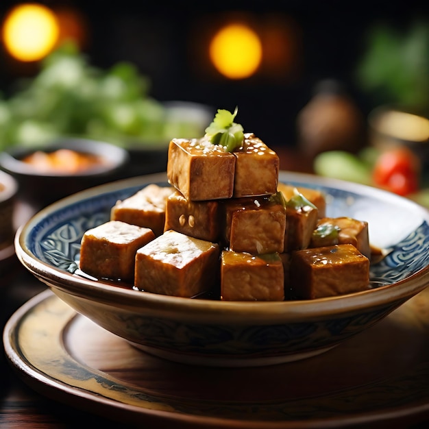Une prise de vue très détaillée d'une parfaite assiette de tofu taïwanais puant sur la table générée par l'IA