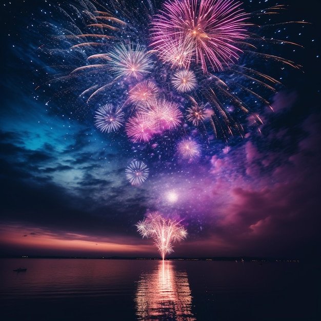 Une prise de vue verticale de beaux feux d'artifice colorés sous le ciel nocturne sombre