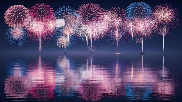 Photo une prise de vue verticale de beaux grands feux d'artifice au loin avec une réflexion dans l'eau