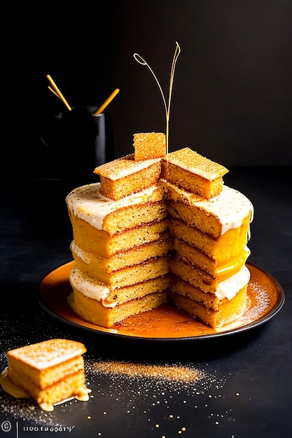 prise de vue verticale de crêpes avec du beurre au sirop et des noix rôties sur une assiette en bois générée par l'IA