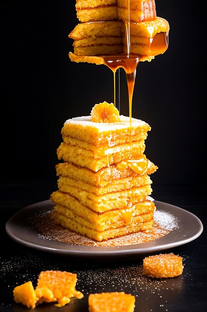 prise de vue verticale de crêpes avec du beurre au sirop et des noix rôties sur une assiette en bois générée par l'IA