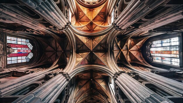 Une prise de vue verticale à faible angle du beau plafond et des fenêtres d'une vieille cathédrale