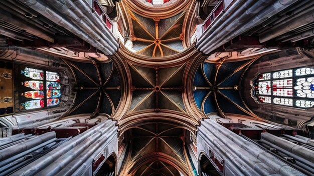 Une prise de vue verticale à faible angle du beau plafond et des fenêtres d'une vieille cathédrale