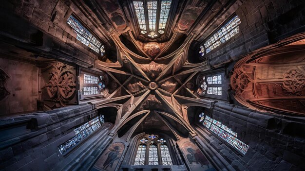 Une prise de vue verticale à faible angle du beau plafond et des fenêtres d'une vieille cathédrale